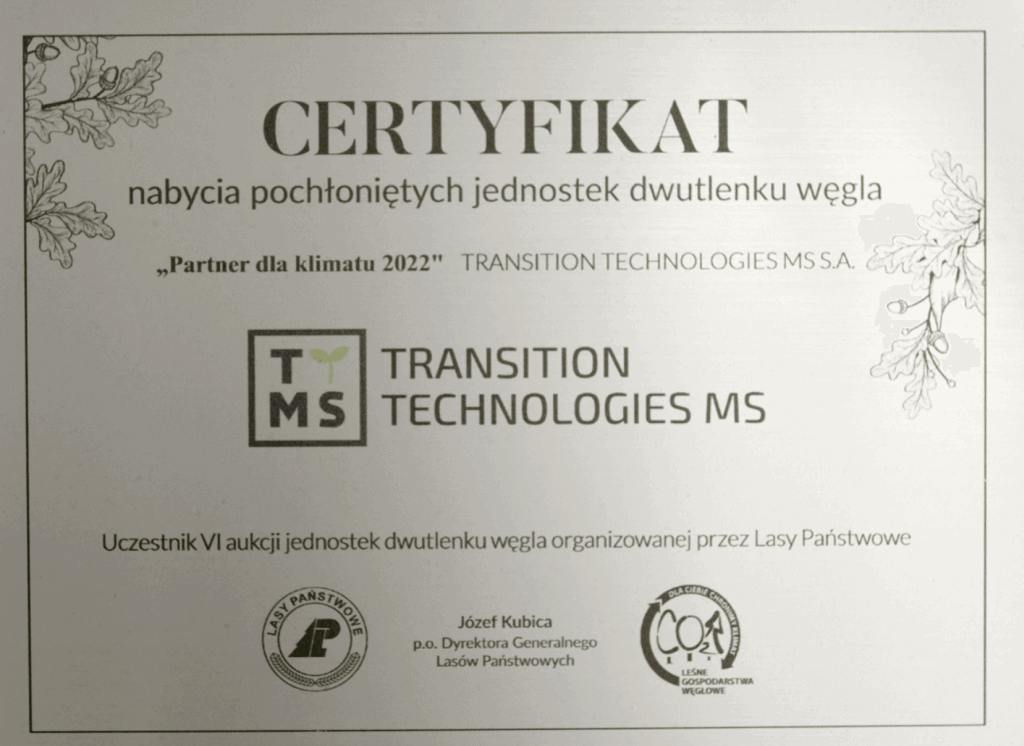 TTMS z certyfikatem „Partner dla klimatu 2022”
