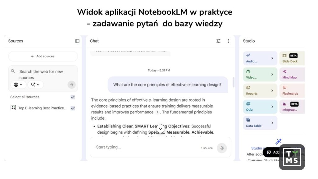 Widok aplikacji NotebookLM w praktyce - zadawanie pytań do bazy wiedzy