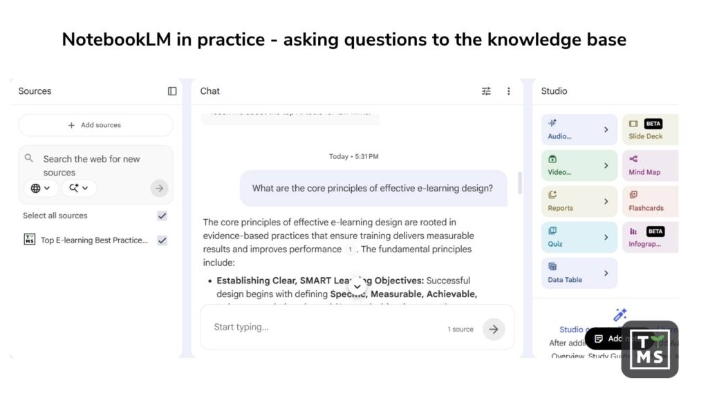 NotebookLM in practice - asking questions to the knowledge base