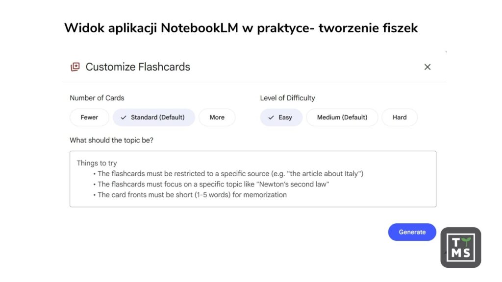 Widok aplikacji NotebookLM w praktyce- tworzenie fiszek