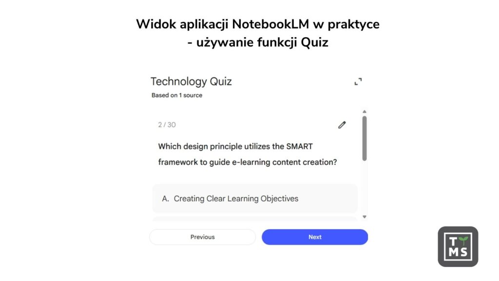 Widok aplikacji NotebookLM w praktyce - używanie funkcji Quiz